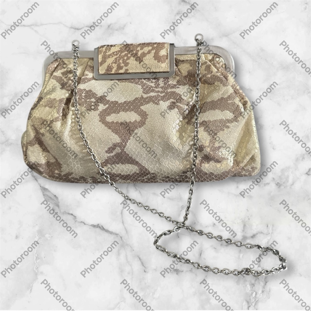Annabel Ingall Vintage Gold and Beige Leather Clutch/Shoulder Bag w/Chain NWOT